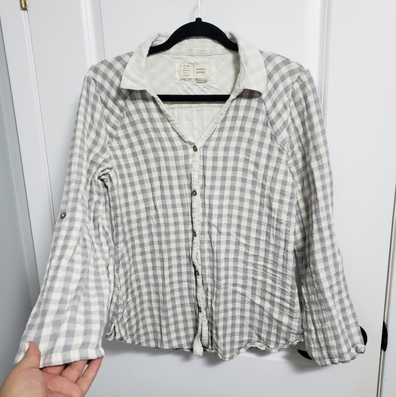 ANTHROPOLOGIE SATURDAY SUNDAY Gray Checkered Button Up Flannel Blouse … - Picture 3 of 8